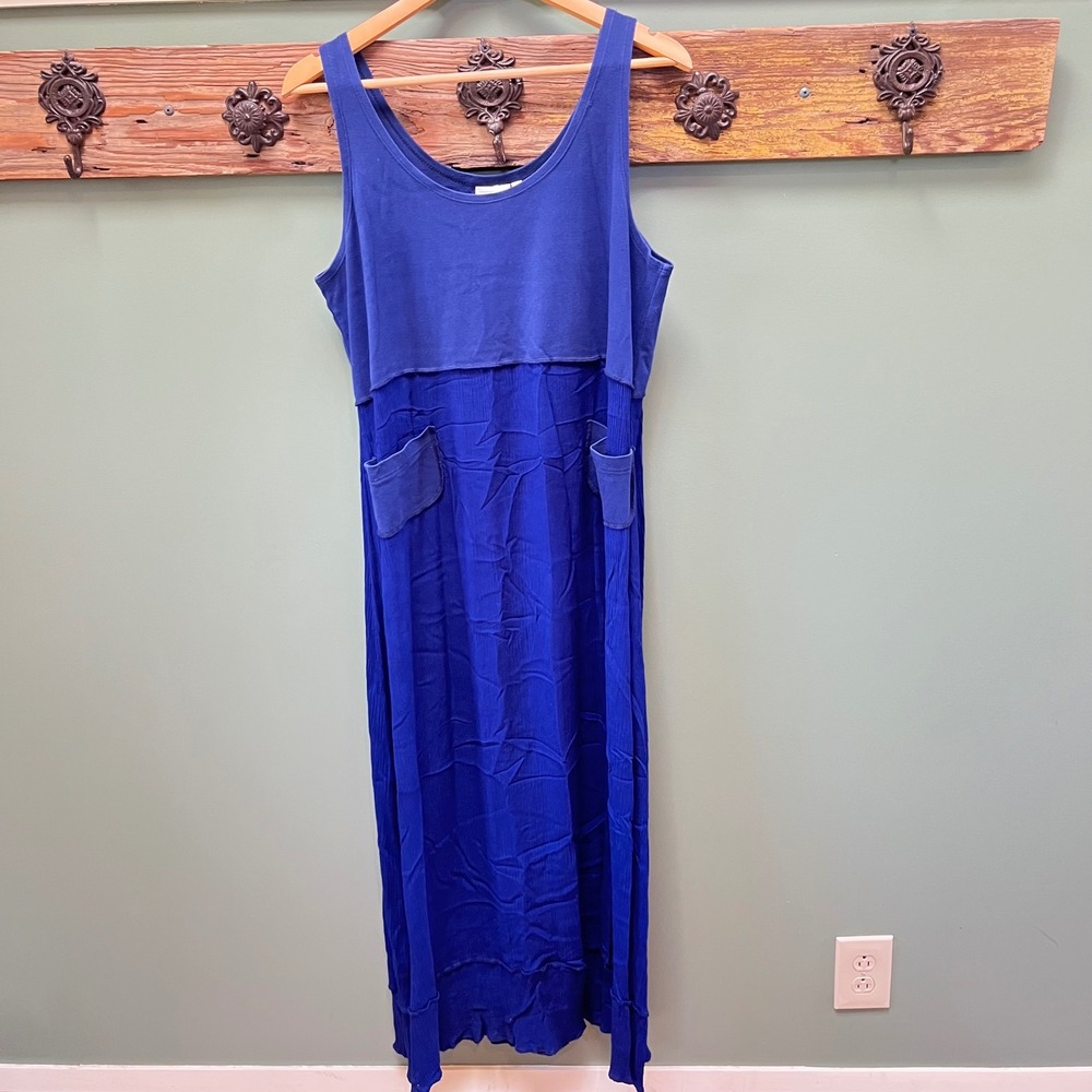 Very Vineyard Edgartown Blue Rayon Crinkle Maxi Dress‎ Large Sleeveless Pockets